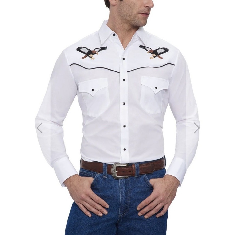Ely Cattleman Men Shirt Pearl Snap White XL Western Rodeo Eagle Embroidery